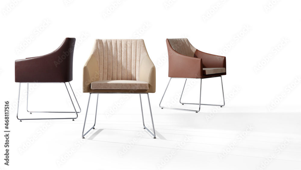 Chairs in different angles and different colors isolated on white background .