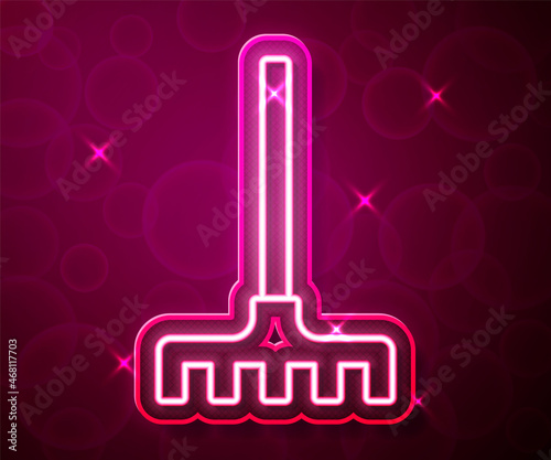 Glowing neon line Garden rake icon isolated on red background. Tool for horticulture, agriculture, farming. Ground cultivator. Housekeeping equipment. Vector