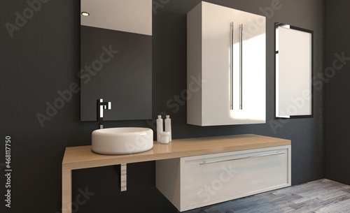 Spacious bathroom in gray tones with heated floors  freestanding tub. 3D rendering.. Mockup.   Empty paintings