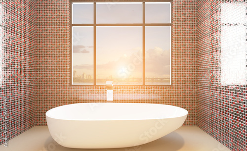 Clean and fresh bathroom with natural light. 3D rendering.. Sunset.