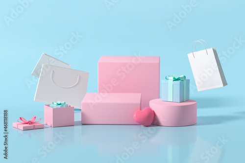Gifts and stage with blue background, 3d rendering.