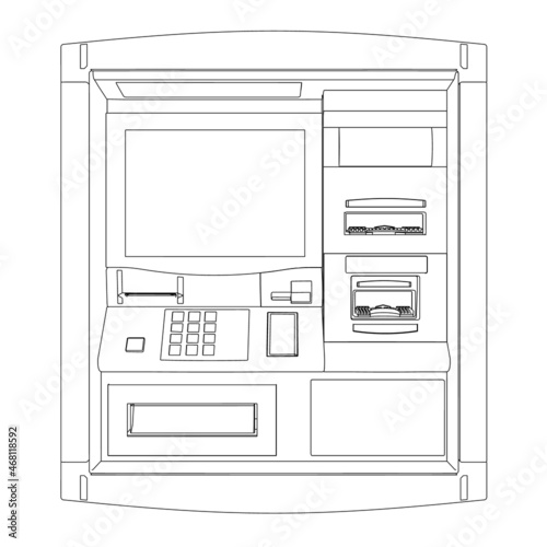 Outline of an ATM machine for dispensing cash from black lines isolated on a white background. Front view. Vector illustration