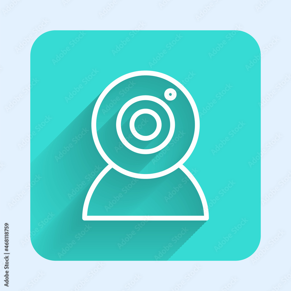 White line Web camera icon isolated with long shadow. Chat camera. Webcam icon. Green square button. Vector White line Web camera icon isolated with long shadow. Chat camera. Webcam icon. Green square button. Vector