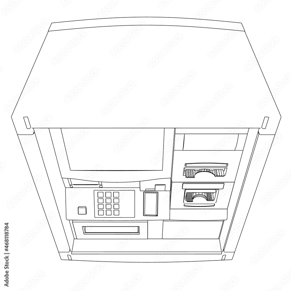 Outline of an ATM machine for dispensing cash from black lines isolated on a white background. View from above. Vector illustration Outline of an ATM machine for dispensing cash from black lines isolated on a white background. View from above. Vector illustration