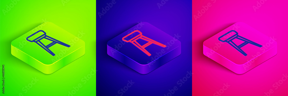 Isometric line Chair icon isolated on green, blue and pink background. Square button. Vector Isometric line Chair icon isolated on green, blue and pink background. Square button. Vector