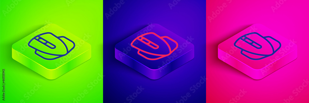 Isometric line Computer mouse gaming icon isolated on green, blue and pink background. Optical with wheel symbol. Square button. Vector Isometric line Computer mouse gaming icon isolated on green, blue and pink background. Optical with wheel symbol. Square button. Vector