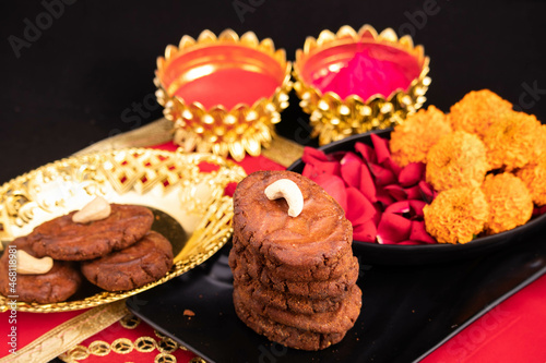 Indian Religious Mithai Called Thekua Thokwa Or Thekuwa Is Made Of Wheat And Meetha Dry Fruits Is Offered to Sun God During Auspicious Chhath Puja Celebrated In Uttar Pradesh Bihar In North India