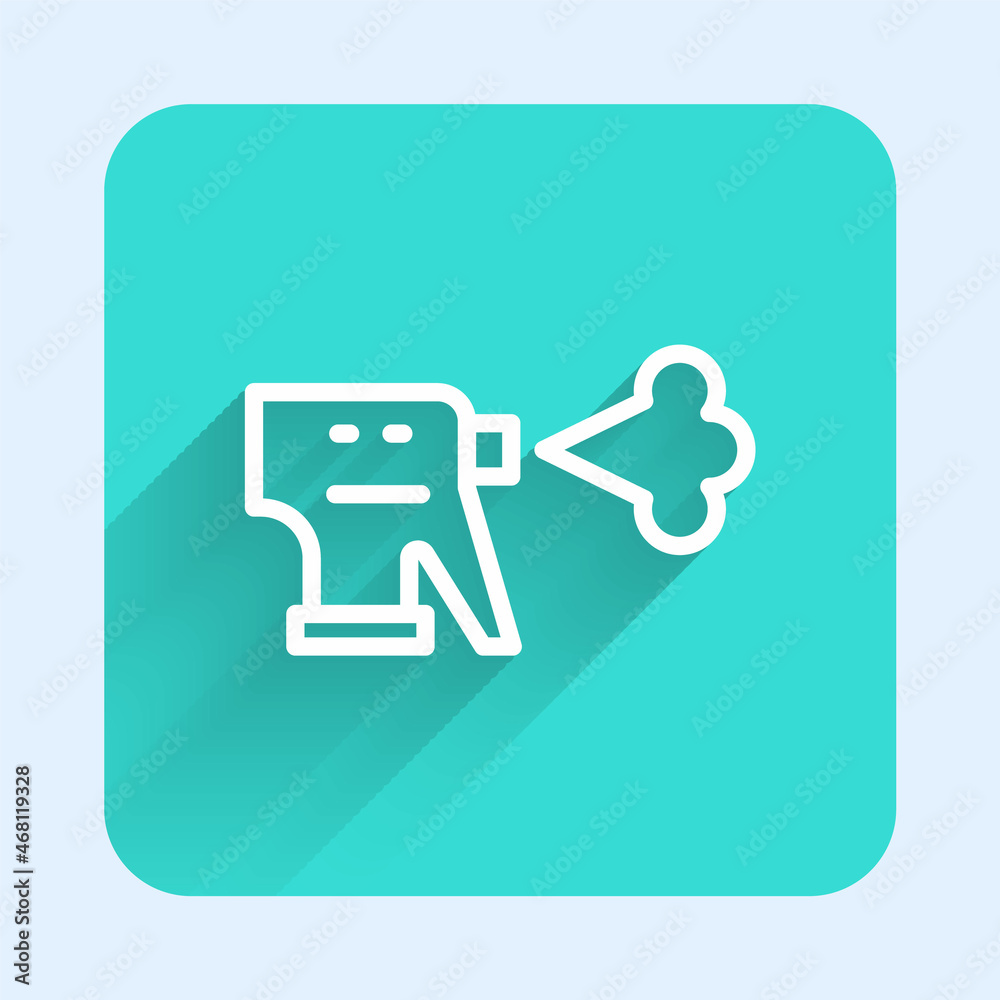 White line Hairdresser pistol spray bottle with water icon isolated with long shadow. Green square button. Vector White line Hairdresser pistol spray bottle with water icon isolated with long shadow. Green square button. Vector