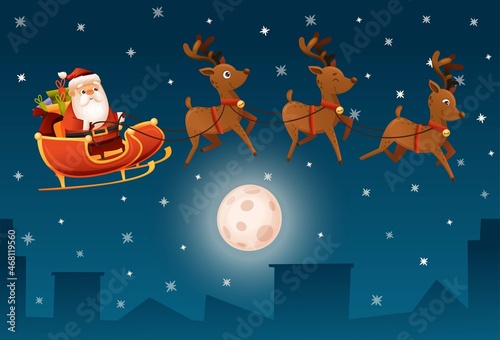 santa claus in a sleigh flies across the sky with reindeer. night city. Christmas poster. Background for new year