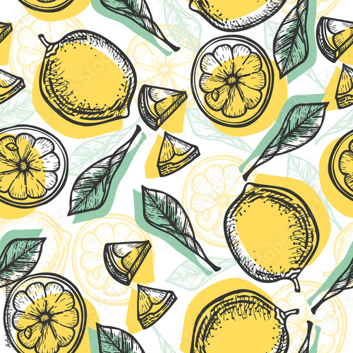 Seamless pattern of hand-drawn yellow lemons with black contour. Background from Doodle fresh citrus fruits. Vegetarian food line sketch. Endless template in modern style, vector illustration.
