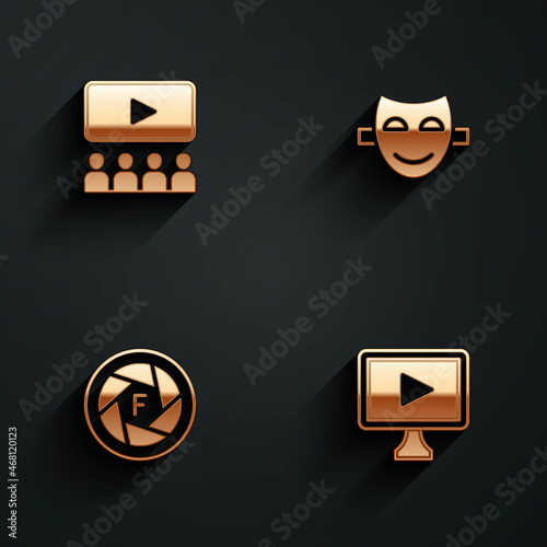 Set Cinema auditorium with screen, Comedy theatrical mask, Camera shutter and Online play video icon with long shadow. Vector