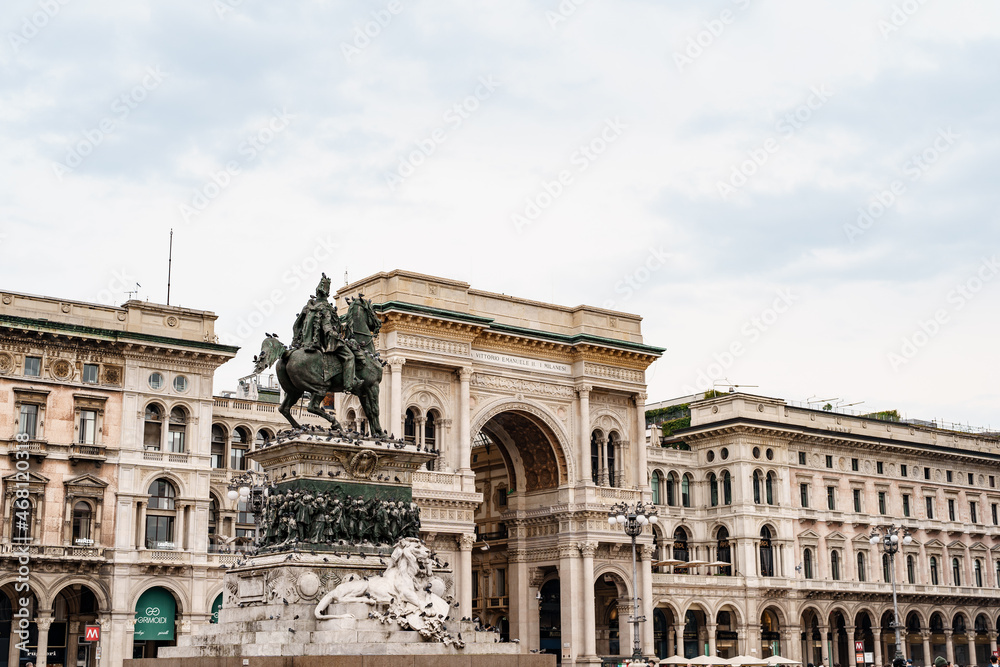 Equestrian statue of Victor Emmanuel II on the Duomo square. Milan, Italy