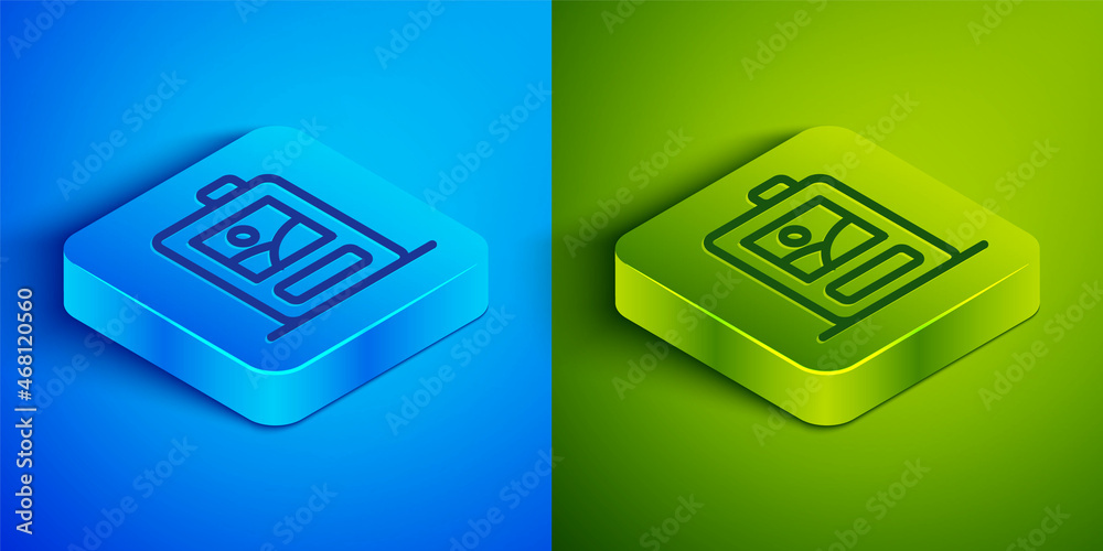 Isometric line Cardboard box of wine icon isolated on blue and green background. Square button. Vector Isometric line Cardboard box of wine icon isolated on blue and green background. Square button. Vector