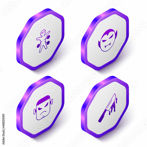 Set Isometric Voodoo doll, Vampire, Frankenstein face and Bloody knife icon. Purple hexagon button. Vector