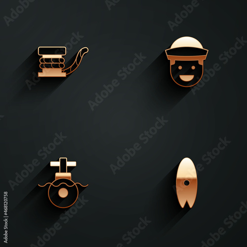 Set Marine bollard with rope, Sailor, Submarine and Surfboard icon with long shadow. Vector