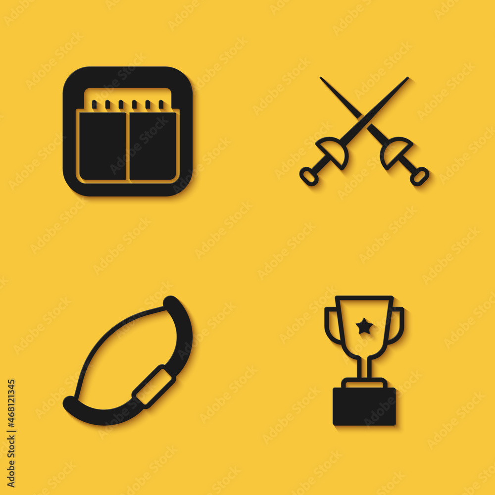 Set Sport mechanical scoreboard, Award cup, Medieval bow and Fencing icon with long shadow. Vector