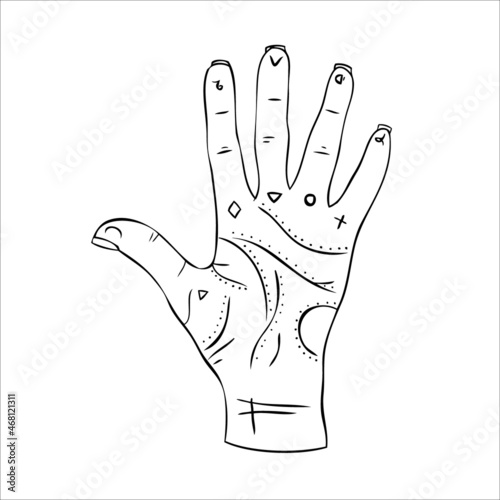  Hand reading is a concept of palmistry. Hand with signs vector illustration.
