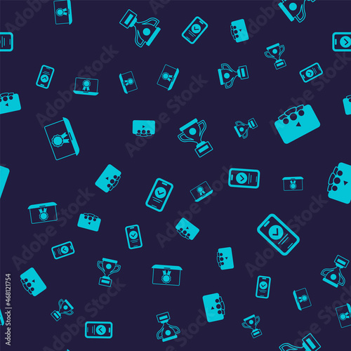 Set Online education with diploma, class, Award cup and quiz, test, survey on seamless pattern. Vector