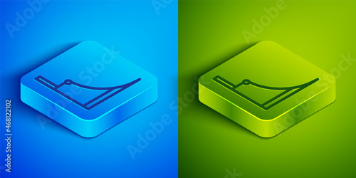 Isometric line Skate park icon isolated on blue and green background. Set of ramp, roller, stairs for a skatepark. Extreme sport. Square button. Vector
