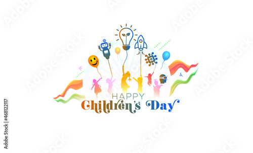 editable Vector of childrens day creative. India world international celebration on 14th november kids with futuristic think thought modern innovation technology and teacher