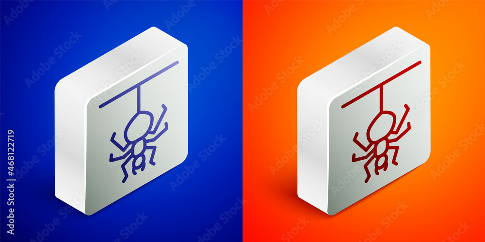 Isometric line Spider icon isolated on blue and orange background. Happy Halloween party. Silver square button. Vector Isometric line Spider icon isolated on blue and orange background. Happy Halloween party. Silver square button. Vector