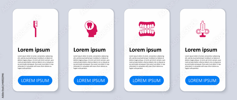 Set Syringe, Dentures model, Toothache and Toothbrush. Business infographic template. Vector