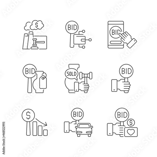 Types of auctions linear icons set. Auctioneer and participants. Bidding for vehicles and fine art. Customizable thin line contour symbols. Isolated vector outline illustrations. Editable stroke