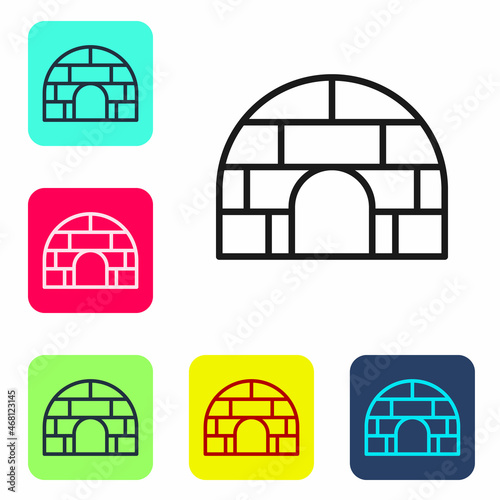 Black line Igloo ice house icon isolated on white background. Snow home, Eskimo dome-shaped hut winter shelter, made of blocks. Set icons in color square buttons. Vector