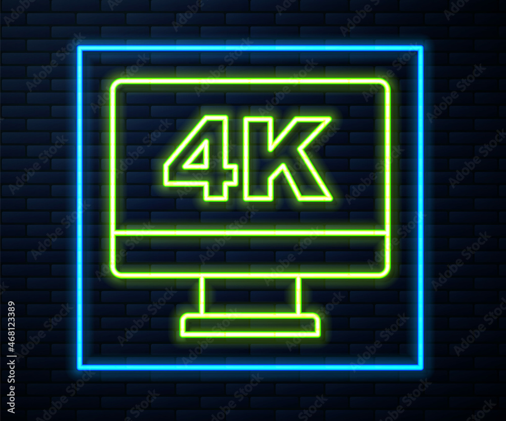 Glowing neon line Screen tv with 4k Ultra HD video technology icon isolated on brick wall background. Vector