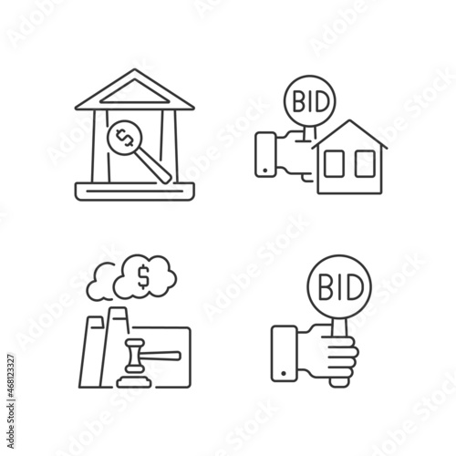 Bargaining for property linear icons set. Real estate selling. Emission auction. Auction house. Bidding. Customizable thin line contour symbols. Isolated vector outline illustrations. Editable stroke