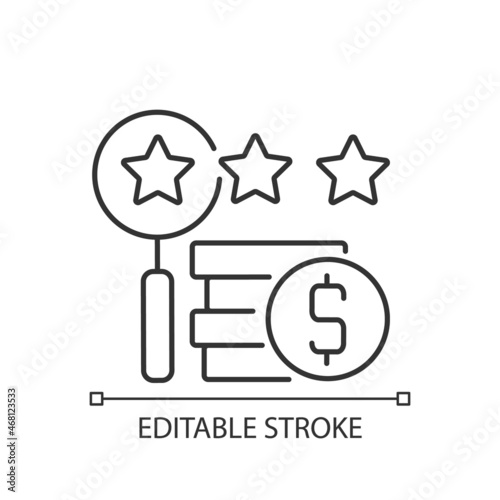 Appraising process linear icon. Item expertising. Examine and inspect antiques and property. Thin line customizable illustration. Contour symbol. Vector isolated outline drawing. Editable stroke