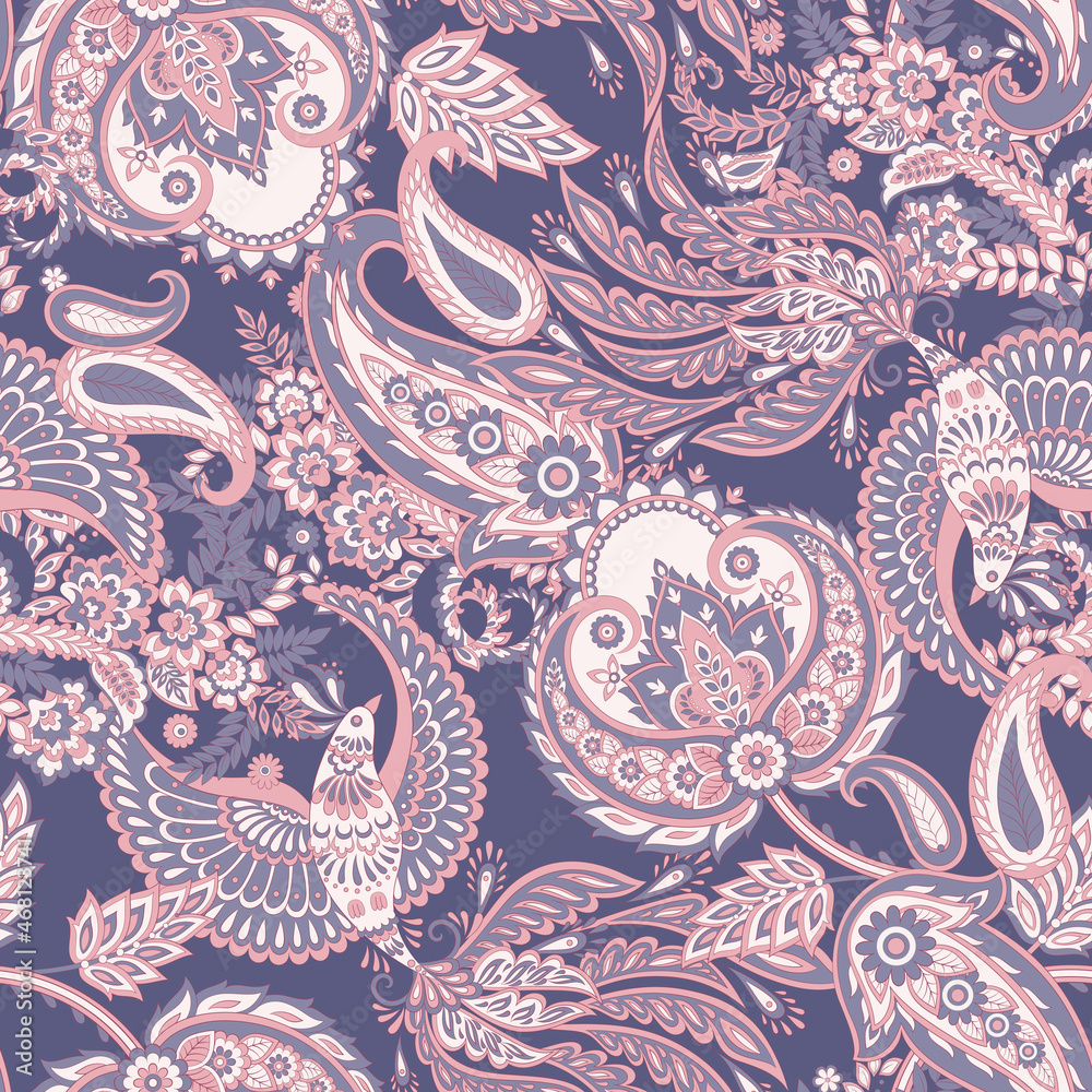 Flying Bird and Floral Paisley pattern, great vector design for any purposes. Seamless background