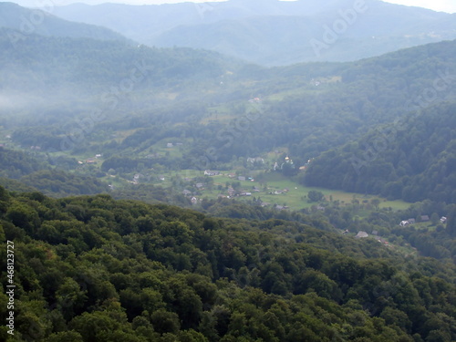 Landscape of a mountain village surrounded by green waves of beech forests under the fog hanging in the air. © Hennadii
