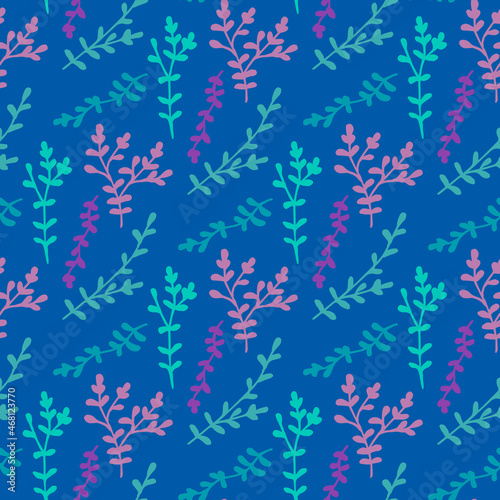 Seamless pattern with violet and blue branches on dark blue background. Vector image.