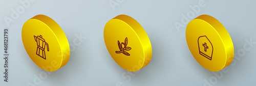 Set Isometric line Coffee maker moca pot, Olives branch and Pope hat icon. Vector