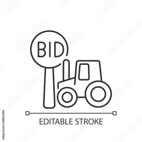 Farm auction linear icon. Selling equipment for farming. Bargaining for farm tools. Thin line customizable illustration. Contour symbol. Vector isolated outline drawing. Editable stroke