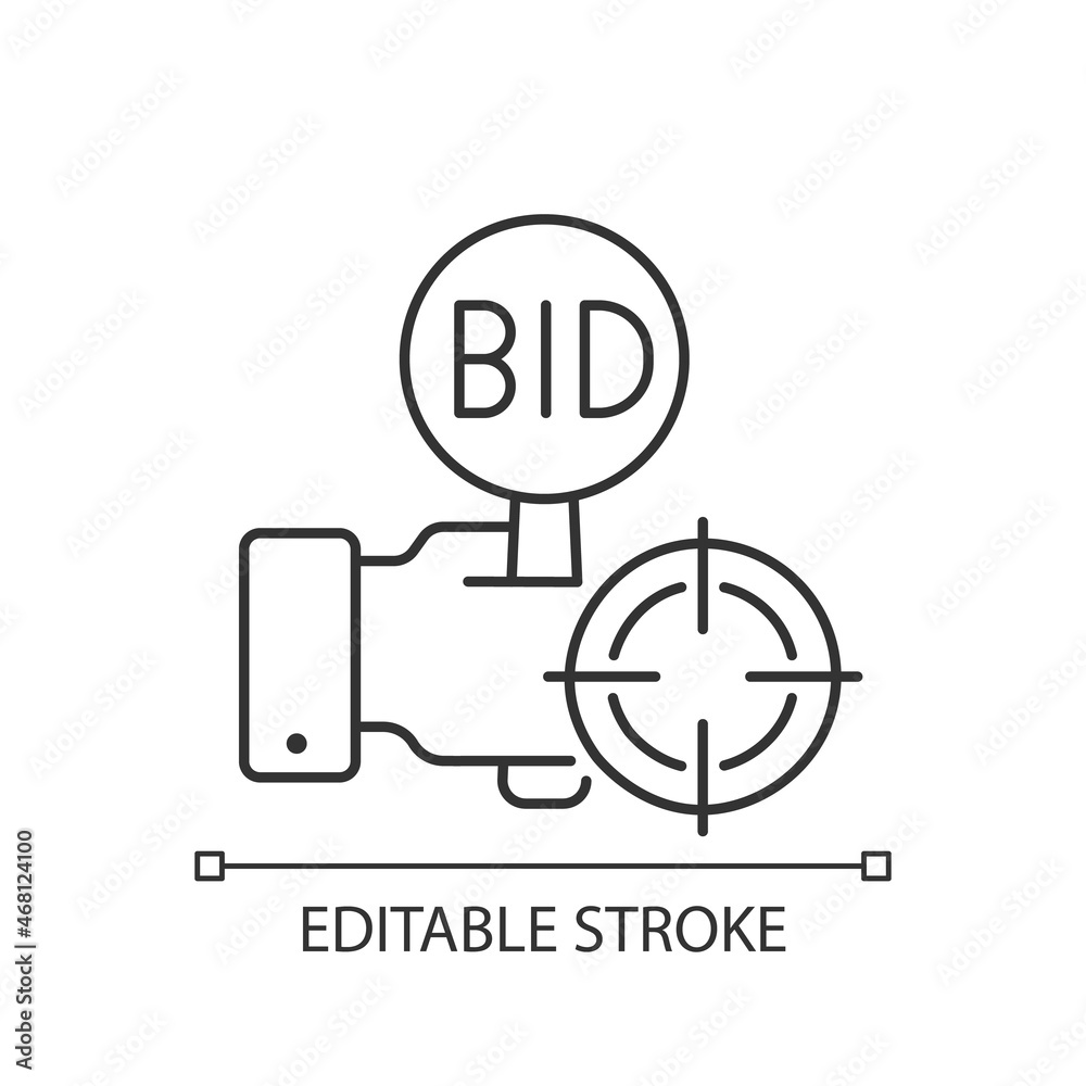 Auction sniping linear icon. Bidding competition online. Sniping software. Overbid rivals. Thin line customizable illustration. Contour symbol. Vector isolated outline drawing. Editable stroke Auction sniping linear icon. Bidding competition online. Sniping software. Overbid rivals. Thin line customizable illustration. Contour symbol. Vector isolated outline drawing. Editable stroke