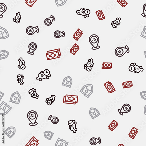 Set line Taxi waiting time, Location taxi car, Life insurance with shield and Stacks paper money cash on seamless pattern. Vector