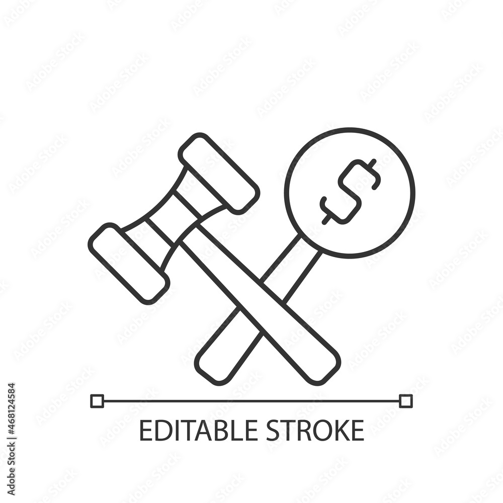 Auction linear icon. Competitive bidding for item. Bargaining for property and antique. Thin line customizable illustration. Contour symbol. Vector isolated outline drawing. Editable stroke Auction linear icon. Competitive bidding for item. Bargaining for property and antique. Thin line customizable illustration. Contour symbol. Vector isolated outline drawing. Editable stroke