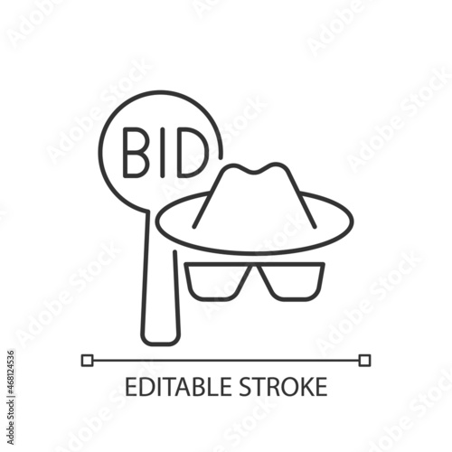 Silent auction linear icon. Fundraising event. Anonymous attendees. Bidding sheet. Thin line customizable illustration. Contour symbol. Vector isolated outline drawing. Editable stroke