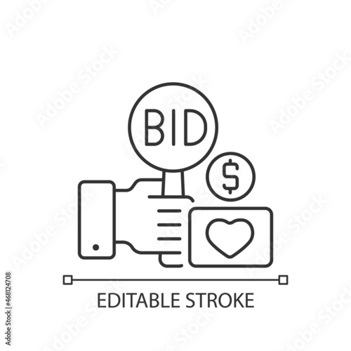 Charity auction linear icon. Fundraising event. Bidding for experimental assets. Bargaining. Thin line customizable illustration. Contour symbol. Vector isolated outline drawing. Editable stroke
