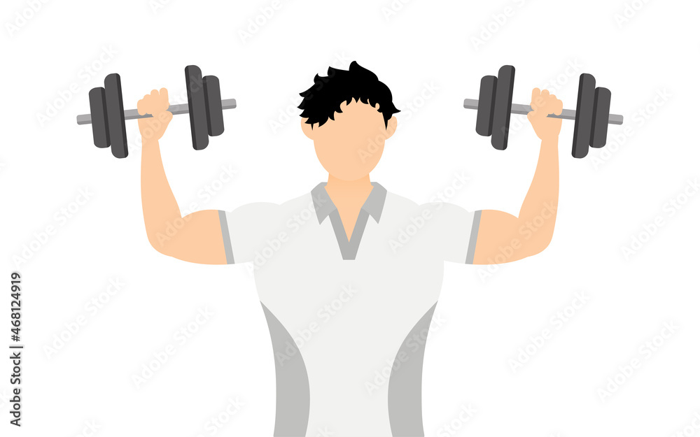 スポーツジムインストラクター男性のポーズ、ショルダープレス（ダンベルトレーニング）