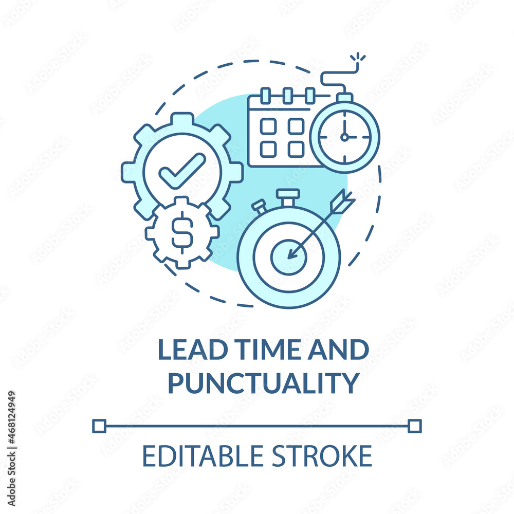 Lead time and punctuality blue concept icon. Productivity in production process. Operations managment abstract idea thin line illustration. Vector isolated outline color drawing. Editable stroke Lead time and punctuality blue concept icon. Productivity in production process. Operations managment abstract idea thin line illustration. Vector isolated outline color drawing. Editable stroke