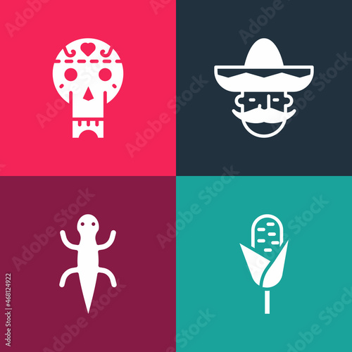 Set pop art Corn, Lizard, Mexican man sombrero and skull icon. Vector
