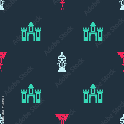 Set Sword in the stone, Medieval iron helmet and Castle, fortress on seamless pattern. Vector