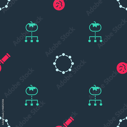 Set Microorganisms under magnifier, Chemical formula and Genetically modified food on seamless pattern. Vector