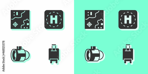 Set Suitcase, World travel map, Jet engine turbine and Helicopter landing pad icon. Vector