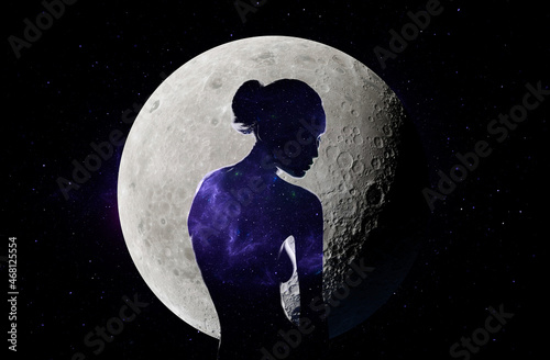 Cosmos Art beauty woman on black space moon background in white circle ring. Perfect cosmos star body, slim figure, beautiful Breasts. Fashion woman posing sensual look perfect makeup