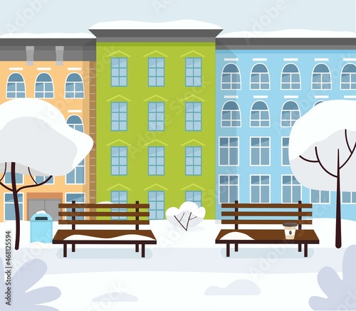 Winter city with a bench, trees, snow, coffee, against the background of multi-storey buildings. Vector illustration in a flat style