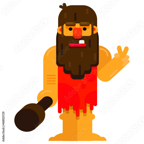 Caveman carrying a big club and showing victory sign. Flat style Vector illustration. Primitive archaic man isolated on white background.
